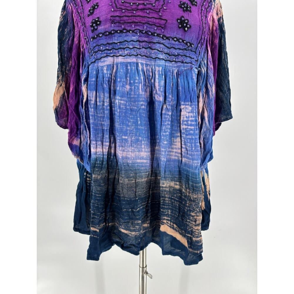 Greater Good Blouse Womens Large/XL Blue Purple Bohemian Beaded Sequins Tie Dye - Picture 8 of 16
